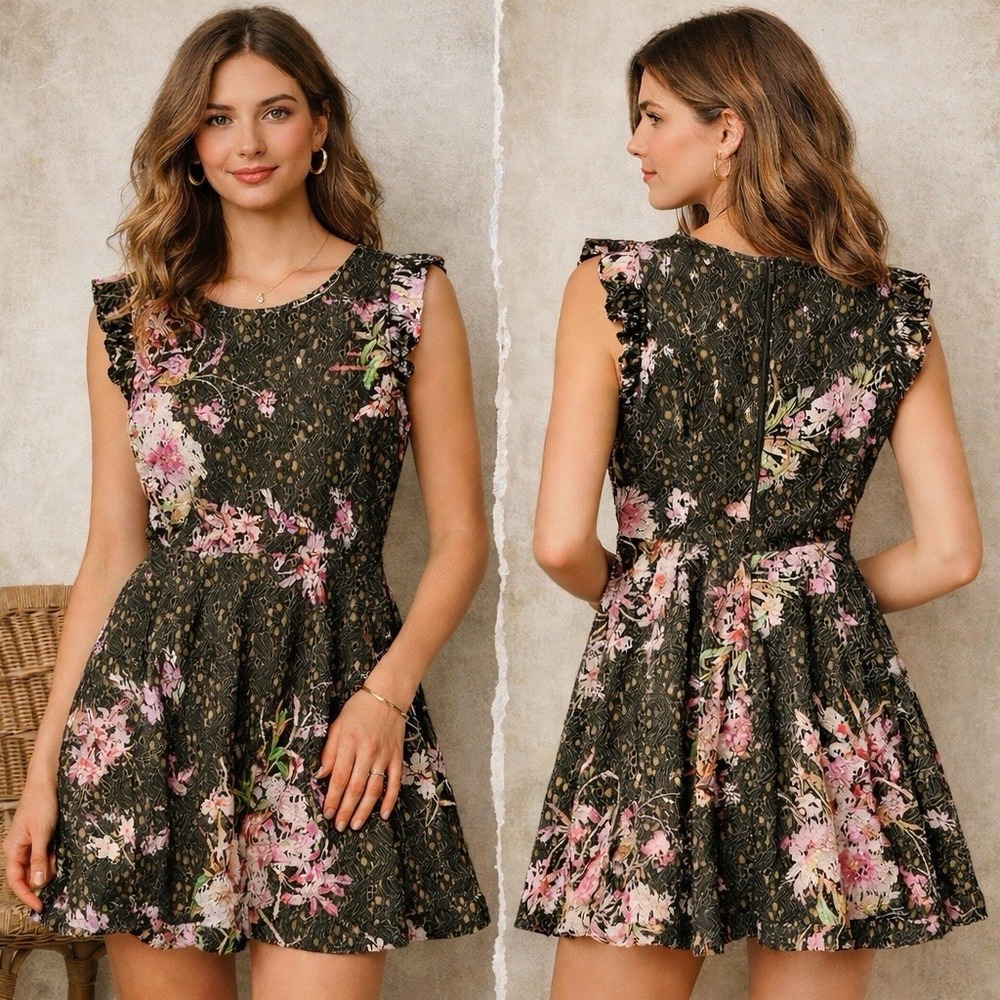 Anthropologie Eri + Ali Nevaeh Floral Lace Dress Black Pink Ruffle Fit Flare 4P